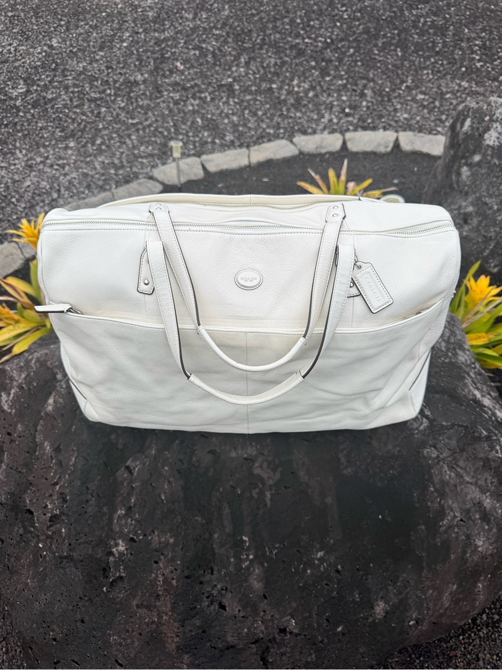 Coach White Pebbled Leather Weekender Duffel Travel Bag Shoulder Crossbody 2014